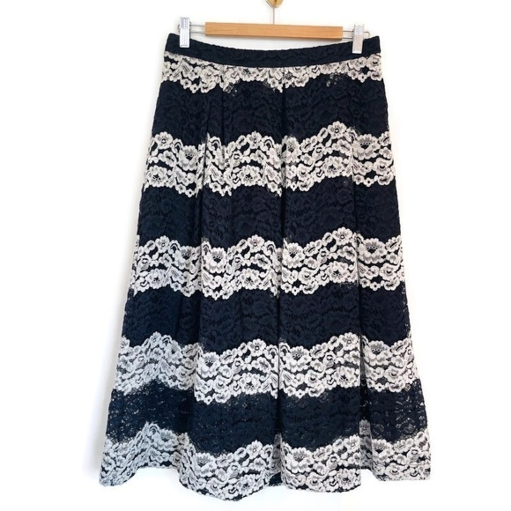 Who What Wear Lace Black & White Striped Midi A-Line Pleated Skirt - Size 8
